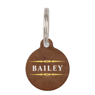 Placa Para Mascotas Lux Brown Leather & Gold Foil Monogram Name
