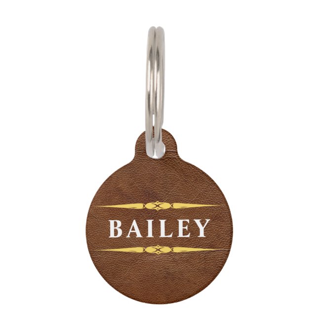 Placa Para Mascotas Lux Brown Leather & Gold Foil Monogram Name (Anverso)