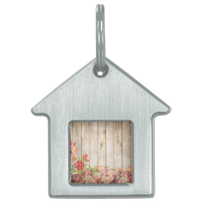 Placa Para Mascotas Madera de Rosas Rústicos Vintage (Frente)