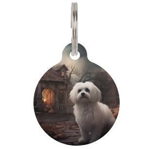 Placa Para Mascotas Maltés Halloween Espantoso