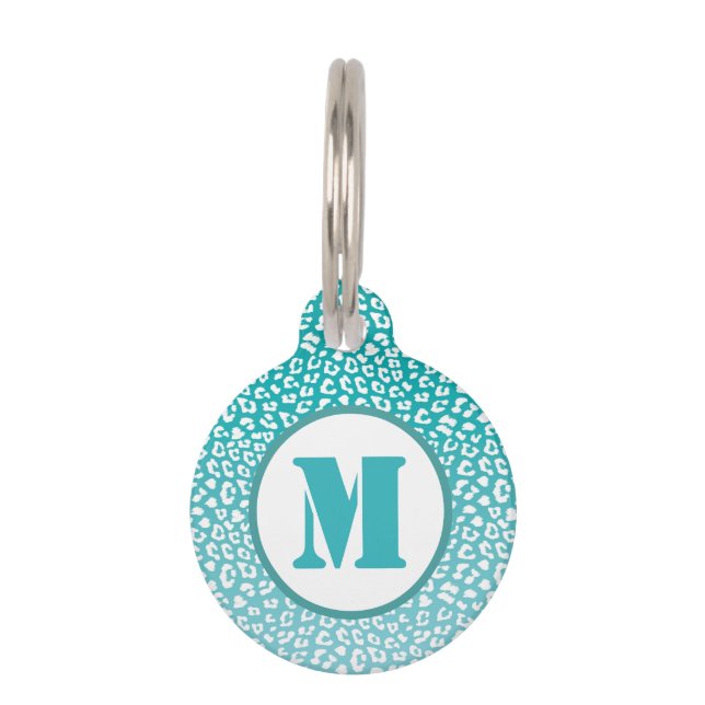 Placa Para Mascotas Manchas de leopardo blanco chic en monograma turqu (Anverso)