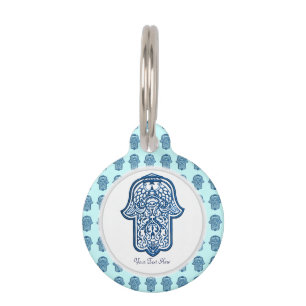 Placa Para Mascotas Mano de la alheña de Hamsa (azul)