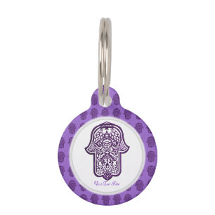 Placa Para Mascotas Mano de la alheña de Hamsa (púrpura)