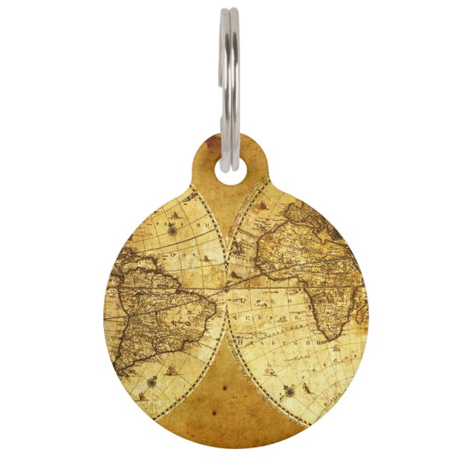 Placa Para Mascotas Mapa del mundo de oro viejo (Anverso)