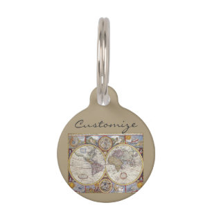 Placa Para Mascotas Mapa del vintage del viajero de mundo