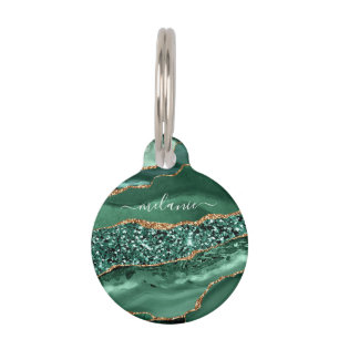 Placa Para Mascotas Marble de Purpurina de oro verde nombre personaliz