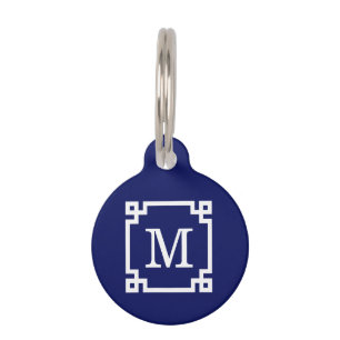 Placa Para Mascotas Marco de clave griega blanca de la marina #2 Monog