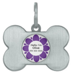 Placa Para Mascotas Marco de flor púrpura para el nombre del perro