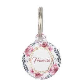 Placa Para Mascotas Marco Geométrico Floral Cute Rosa Oro