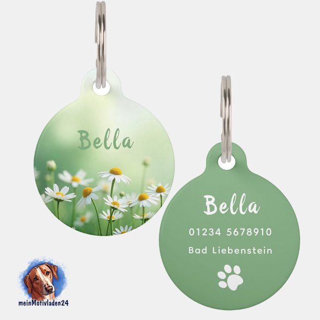 Placa Para Mascotas Margeriten Wiese | personalisierbare Hundemarke (Personalisierbare Haustiermarke mit Blumenwiese - Margeriten, Rückseite mit Text personalisierbar)