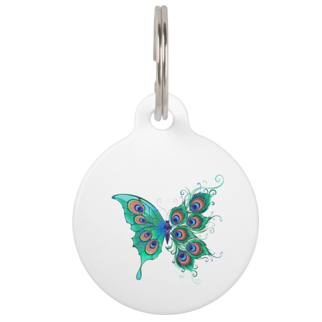 Placa Para Mascotas Mariposa con plumas de pavo real verde (Anverso)