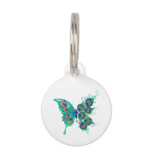 Placa Para Mascotas Mariposa con plumas de pavo real verde