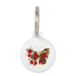 Placa Para Mascotas Mariposa de flor roja con rosas rojas