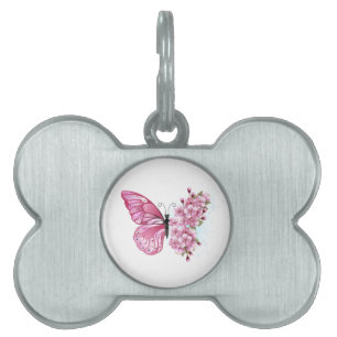 Placa Para Mascotas Mariposa de flores con Sakura rosa