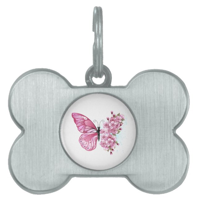 Placa Para Mascotas Mariposa de flores con Sakura rosa (Frente)