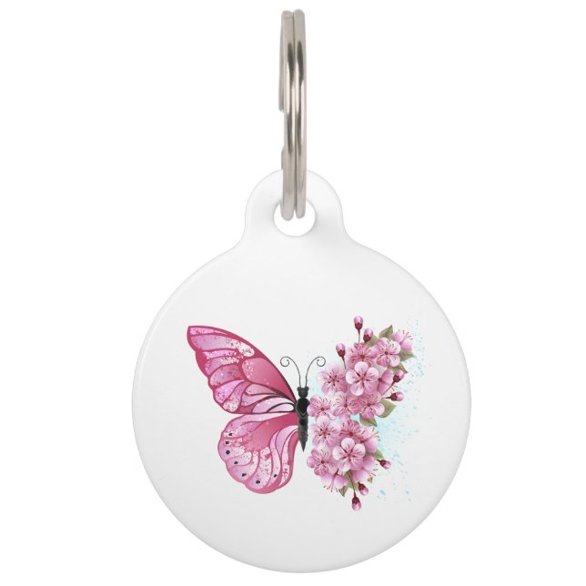 Placa Para Mascotas Mariposa de flores con Sakura rosa (Anverso)
