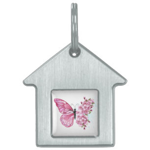 Placa Para Mascotas Mariposa de flores con Sakura rosa