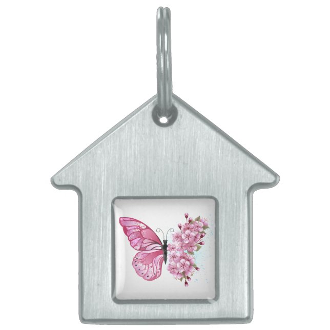 Placa Para Mascotas Mariposa de flores con Sakura rosa (Frente)
