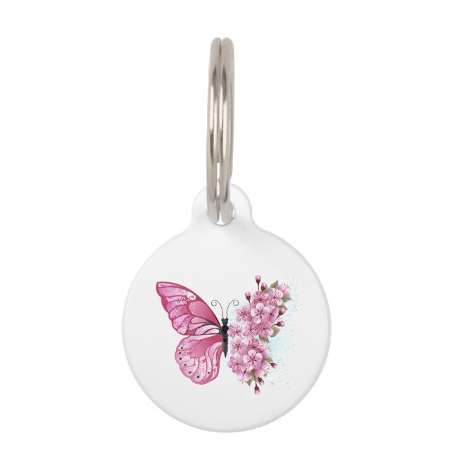 Placa Para Mascotas Mariposa de flores con Sakura rosa (Anverso)