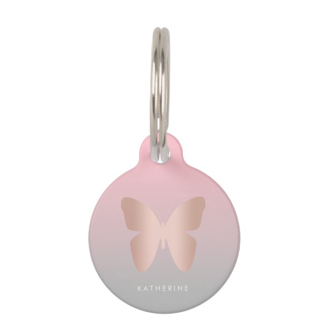 Placa Para Mascotas Mariposa de oro rosa moderno y elegante (Anverso)