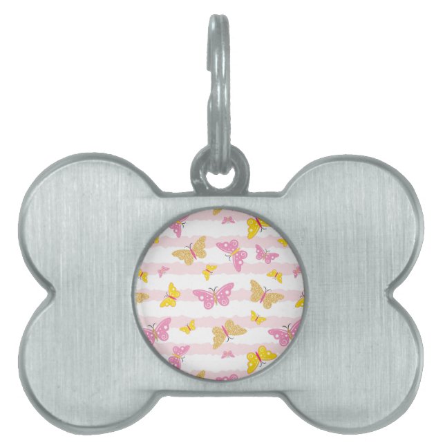 Placa Para Mascotas Mariposa dorada y rosa (Frente)