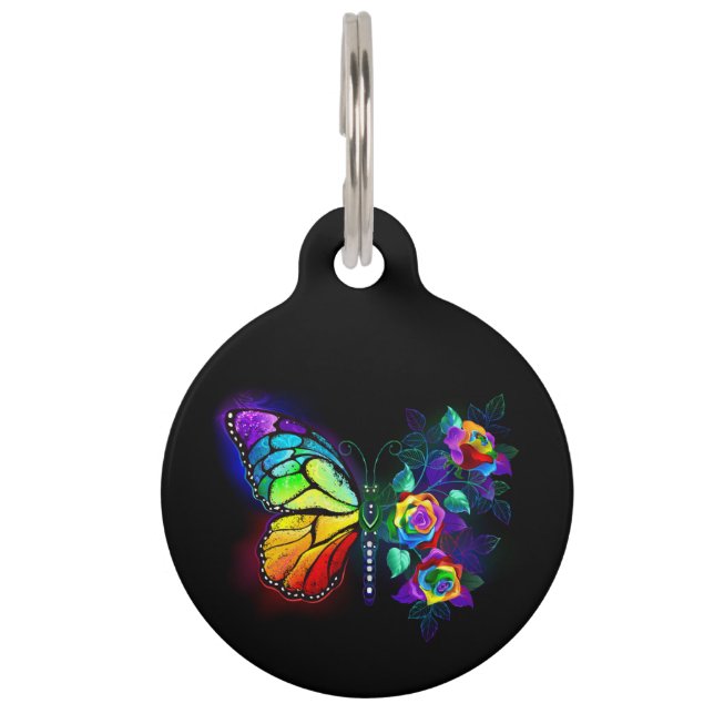 Placa Para Mascotas Mariposa flor de arcoíris (Anverso)