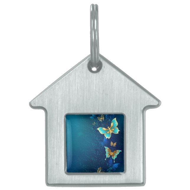 Placa Para Mascotas Mariposas doradas sobre fondo azul (Frente)