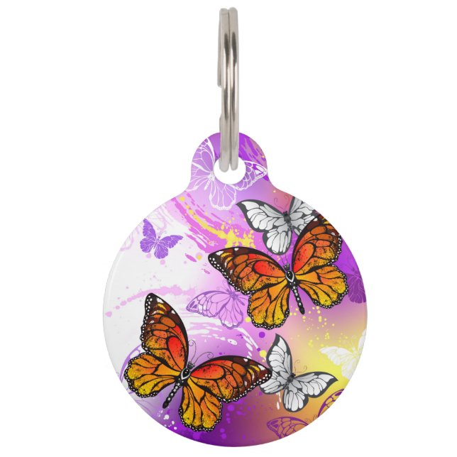 Placa Para Mascotas Mariposas monarcas en fondo morado (Anverso)