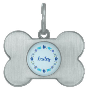 Placa Para Mascotas Mariposas y Flores Azules para Niño Personalizadas
