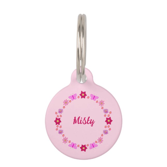 Placa Para Mascotas Mariposas y flores personalizadas para niña (Anverso)