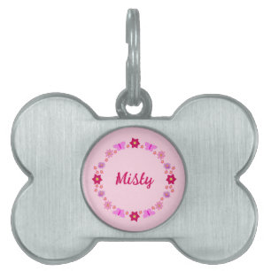Placa Para Mascotas Mariposas y Flores Rosa Niña Personalizadas