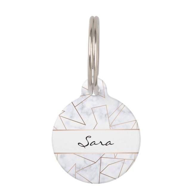 Placa Para Mascotas mármol blanco geométrico y subió elegante (Anverso)