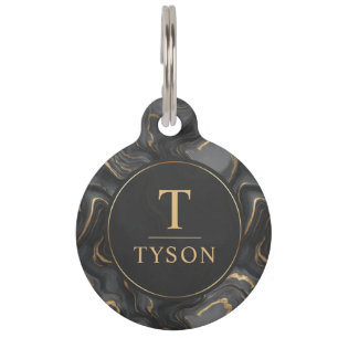 Placa Para Mascotas Mármol gris negro y dorado personalizado Patten