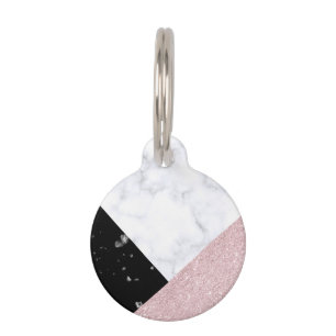 Placa Para Mascotas Mármol negro blanco del purpurina color de rosa