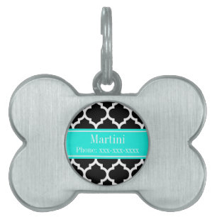 Placa Para Mascotas Marroquí blanco negro #5 Brt Aqua Nombre Monograma