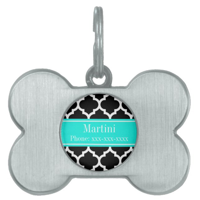 Placa Para Mascotas Marroquí blanco negro #5 Brt Aqua Nombre Monograma (Frente)