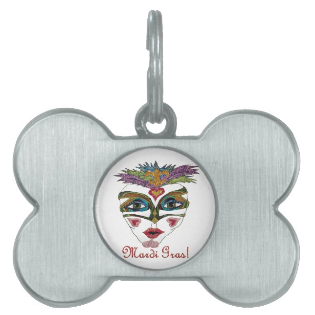 Placa Para Mascotas Máscara de plumas de Purpurina del Mardi Gras colo (Frente)