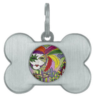 Placa Para Mascotas Máscara de plumas del Mardi Gras psicodélico
