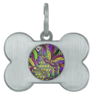 Placa Para Mascotas Máscaras de plumas de Mardi Gras psicodélicas