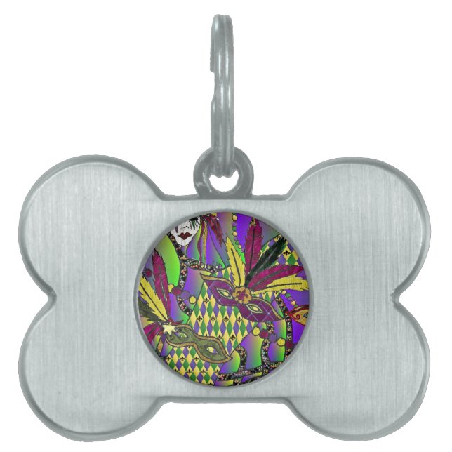 Placa Para Mascotas Máscaras de plumas de Mardi Gras psicodélicas (Frente)