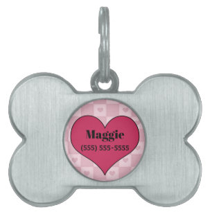 Placa Para Mascotas Mascota con forma de huesos del corazón rosado