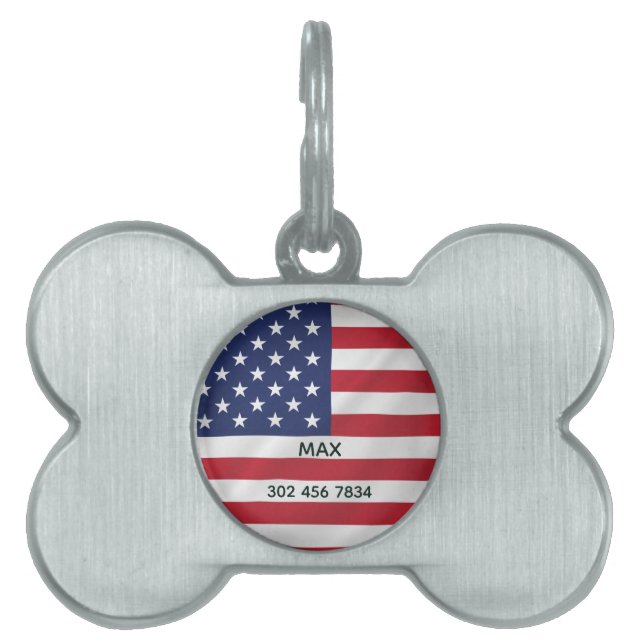 Placa Para Mascotas Mascota personalizado nombre bandera estadounidens (Frente)