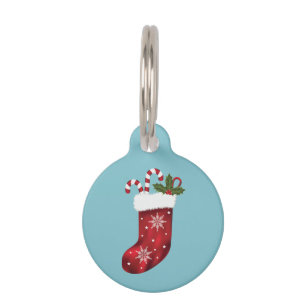 Placa Para Mascotas Medias de Navidad Rojas con Bastones de Caramelo y