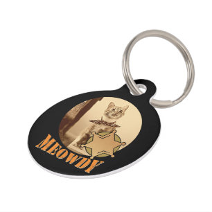 Placa Para Mascotas Meowdy Texan Cat Cowboy Sheriff Personalizado