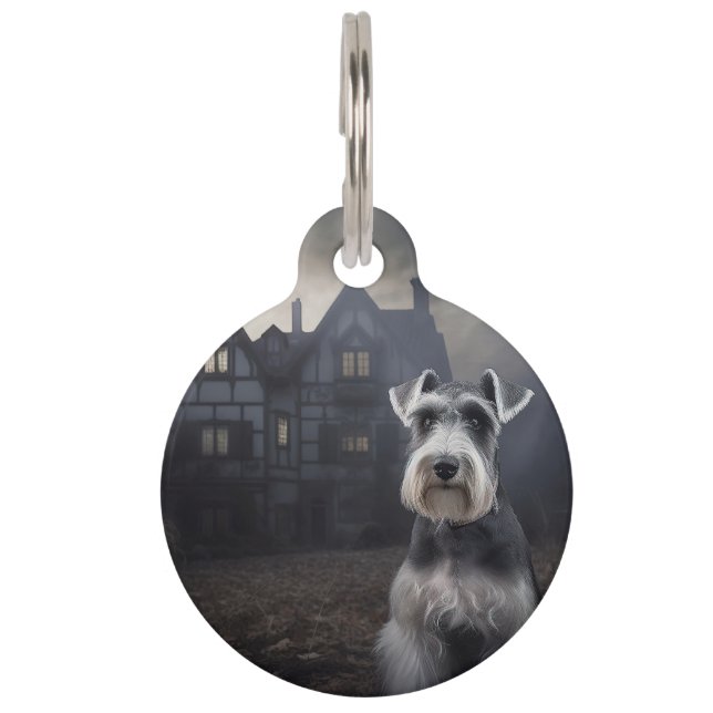 Placa Para Mascotas Miniature Schnauzer Halloween de terror (Anverso)