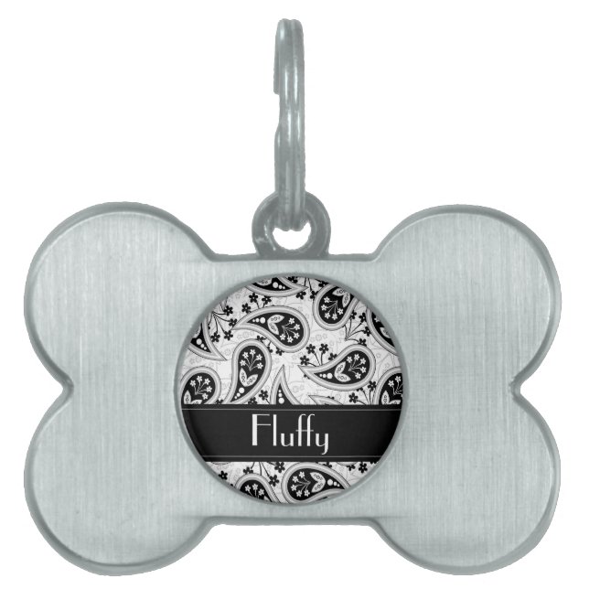 Placa Para Mascotas Modelo blanco y negro de Paisley (Frente)
