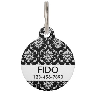 Placa Para Mascotas Modelo floral blanco y negro clásico del damasco