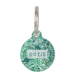 Placa Para Mascotas Modelo tropical de Monstera del verde de la