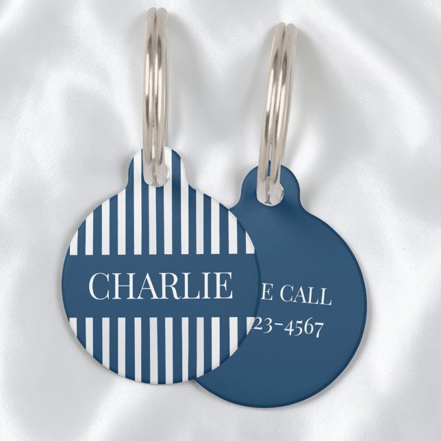 Placa Para Mascotas Modern Blue and White Stripes Personalized Name (Modern Blue and White Stripes Personalized Name Pet ID Tag)