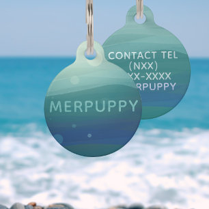 Placa Para Mascotas Moderna acuarela Verde azulada Olas Mar Nombre de
